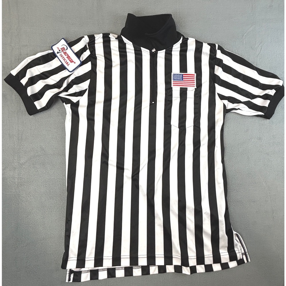 Smitty US Lacrosse Official Referee Shirt Mens Large Black White Striped 1/4 Zip
